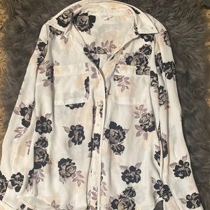 Purple and black, flowered blouse